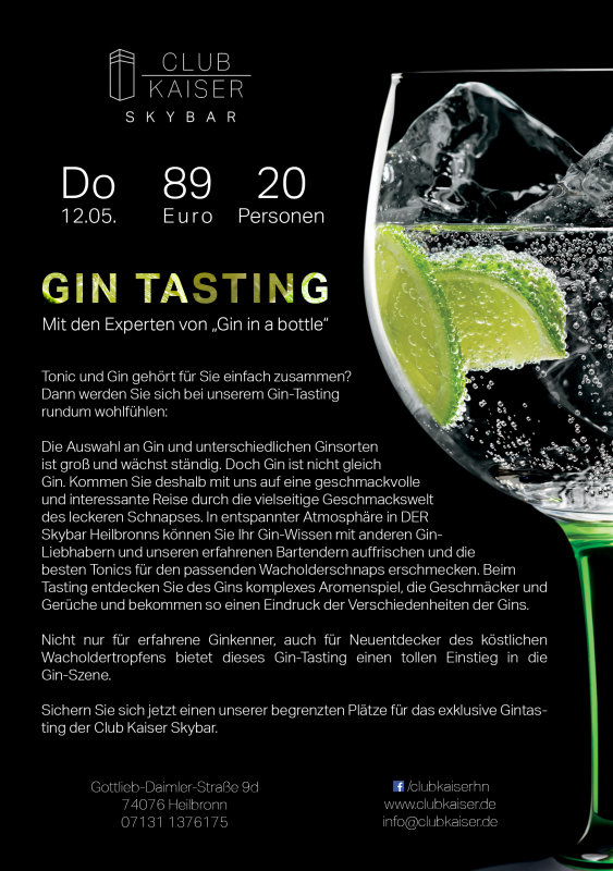 Event GinTasting mit "Gin in a bottle" Club Kaiser Skybar in